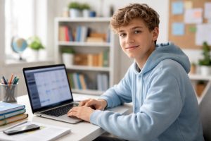 adolescent-bureau-ordinateur-portable-salle-lumineuse