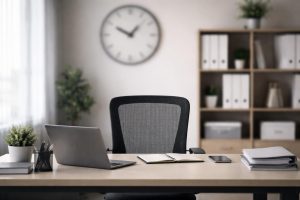 bureau-sobre-chaise-vide-horloge