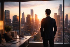 jeune-professionnel-ville-coucher-soleil-gratte-ciel
