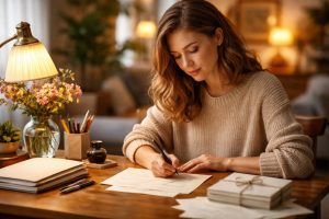 femme-ecriture-bureau-interieur-maison