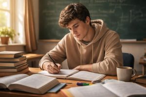 etudiant-concentre-livres-feuilles-tableau-noir