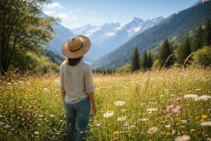 personne-chapeau-paille-fleurs-montagnes